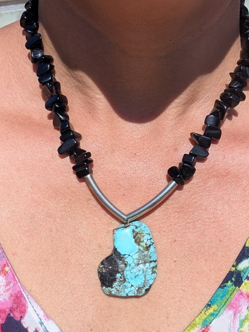 Statement Necklace Turquoise Pendant & Black Gemstone Chip beads Metal Handmade